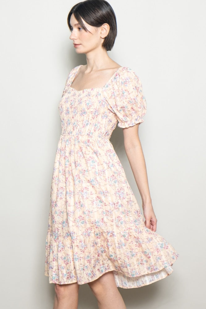Peach Floral Sweetheart Neck Smocked Midi Dress