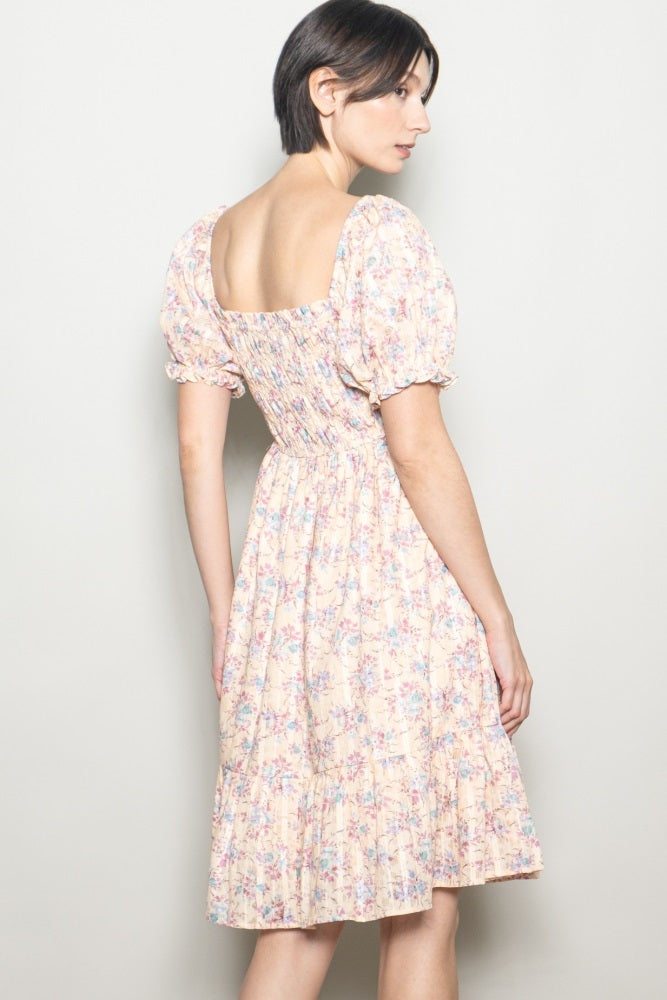 Peach Floral Sweetheart Neck Smocked Midi Dress