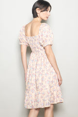 Peach Floral Sweetheart Neck Smocked Midi Dress