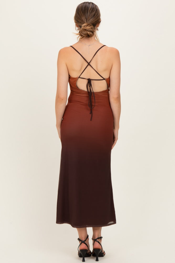 Ombre Brown Mesh Draped Neck Maternity Maxi Dress