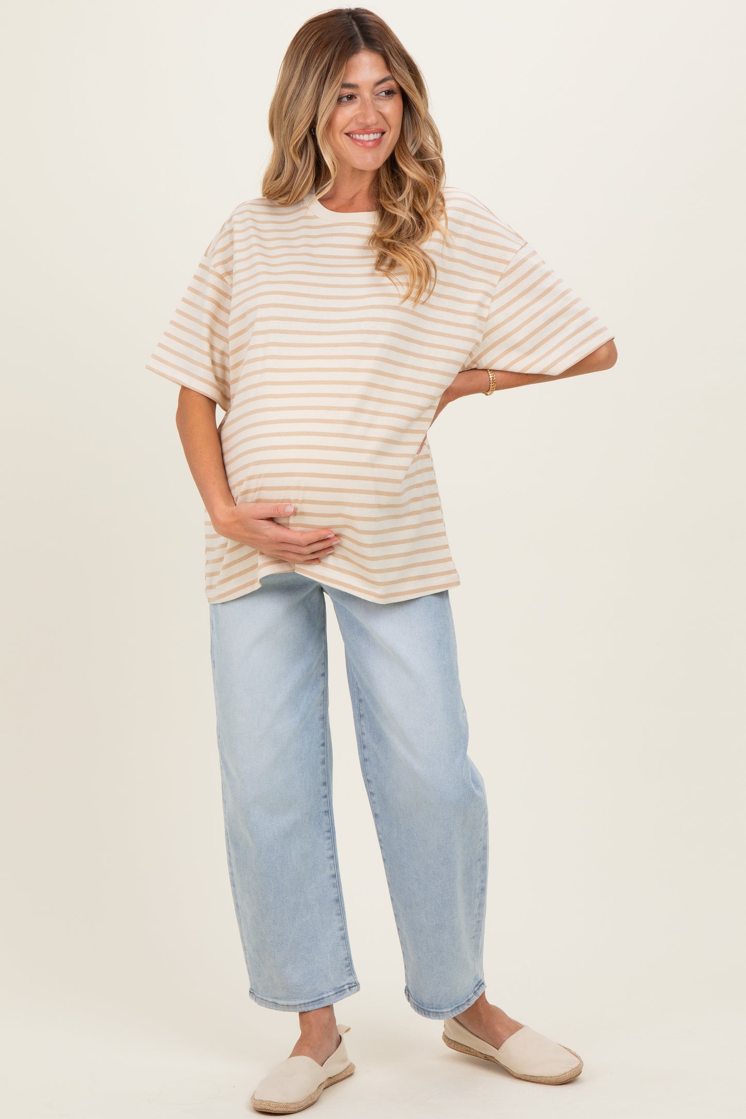 Taupe Striped Short Sleeve Crew Neck Oversized Cotton Maternity Top