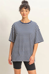 Navy Striped Short Sleeve Crew Neck Oversized Cotton Top