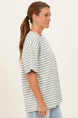 Sage Striped Short Sleeve Crew Neck Oversized Cotton Top