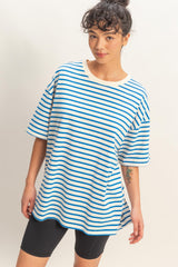 Blue Striped Short Sleeve Crew Neck Oversized Cotton Top