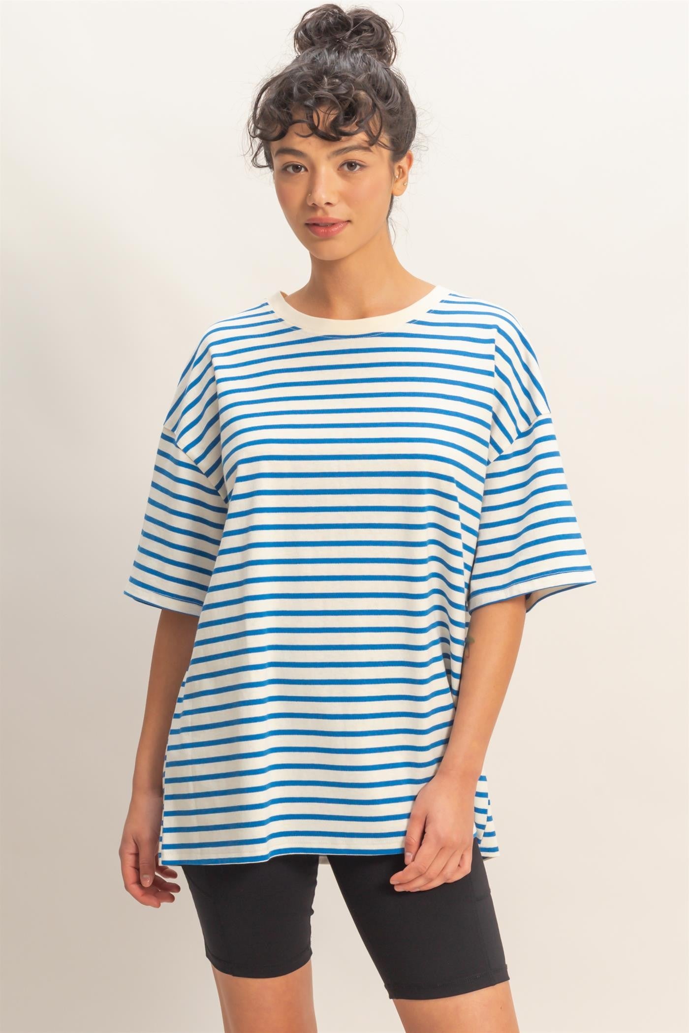 Blue Striped Short Sleeve Crew Neck Oversized Cotton Top