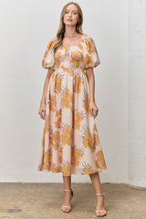 Peach Floral Print Square Neck Bubble  Sleeve Midi Dress
