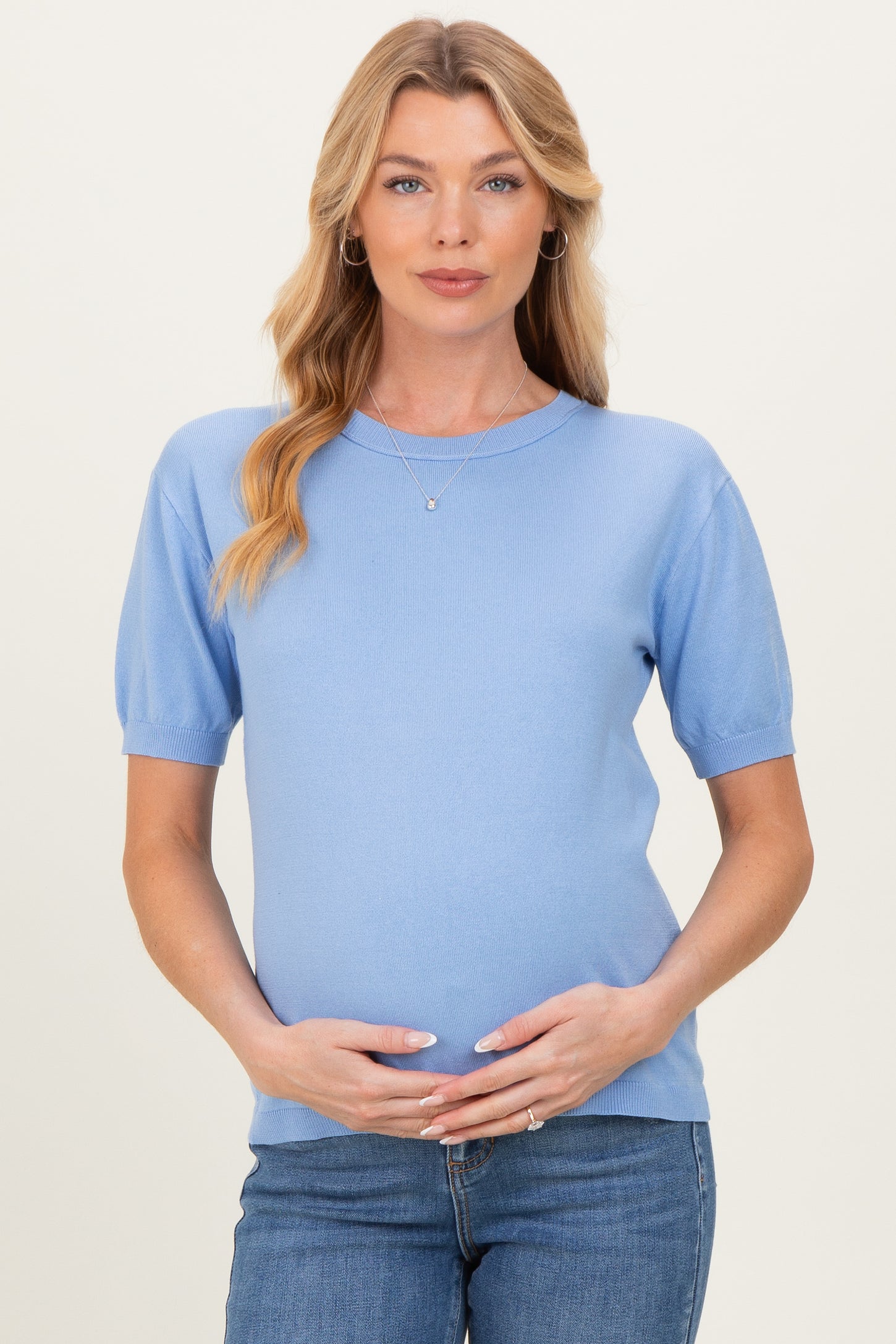 Blue Crew Neck Solid Maternity Sweater