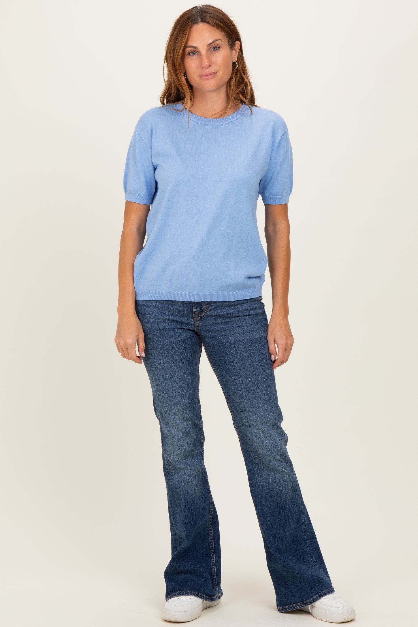 Blue Crew Neck Solid Sweater