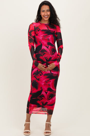 Red Abstract Print Mesh Overlay Maternity Maxi Dress