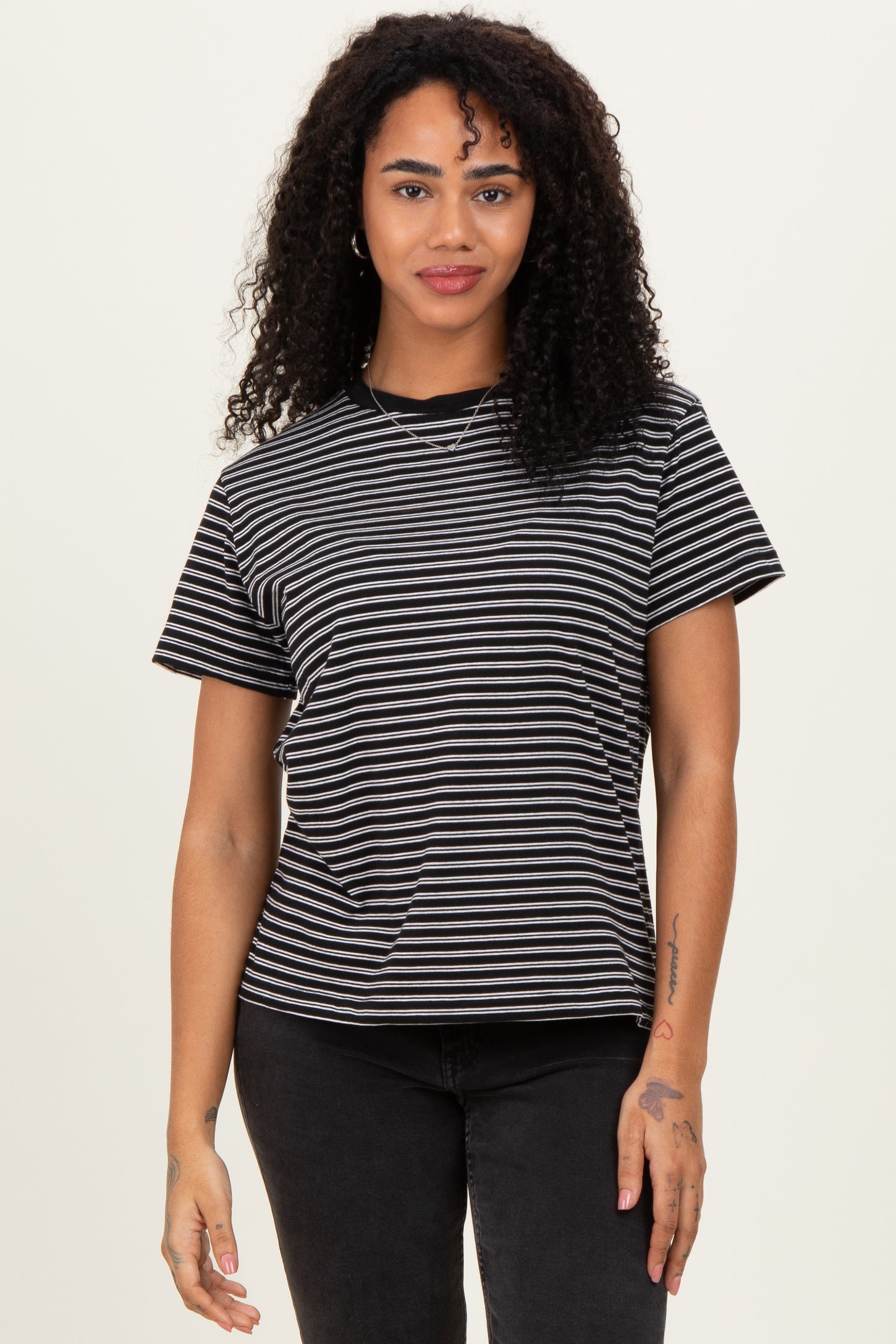 Black/White Short Sleeve Round Neck Stripe Maternity Tee