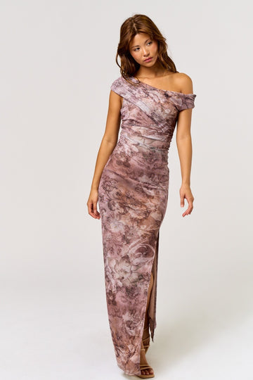 Taupe Asymmetrical Off-Shoulder Maxi Dress