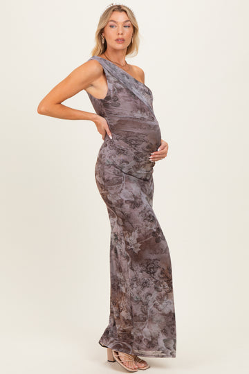 Taupe Asymmetrical Off-Shoulder Maternity Maxi Dress
