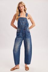 Dark Wash Denim Barrel Overalls