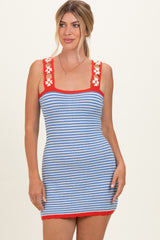 Blue Marine Crochet Stripe Floral Strap Mini Dress
