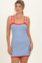 Blue Marine Crochet Stripe Floral Strap Mini Dress