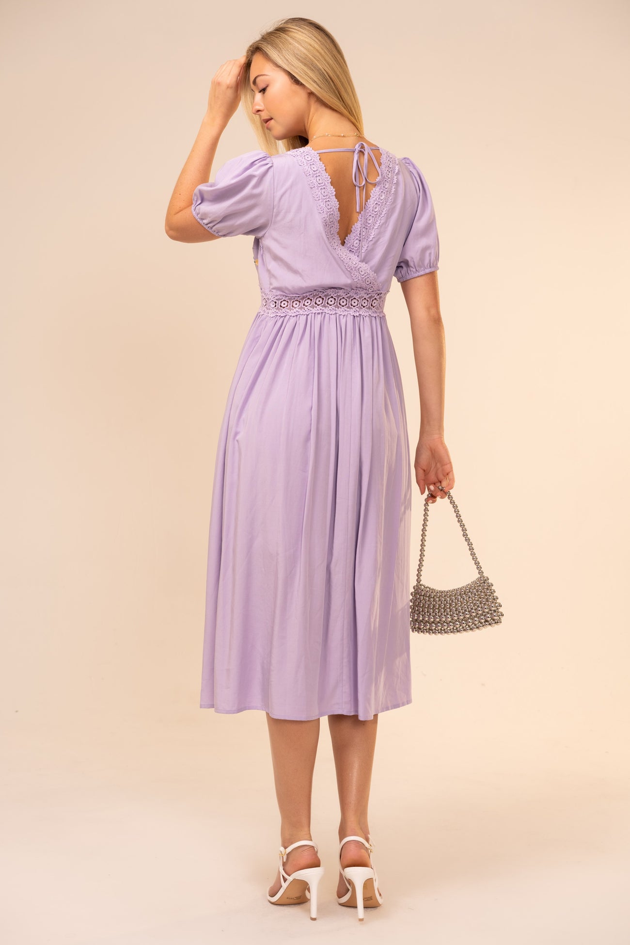 Lavender Puff Sleeve Embroidered Midi Dress