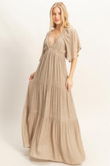 Taupe Flutter Sleeve Maxi Dress