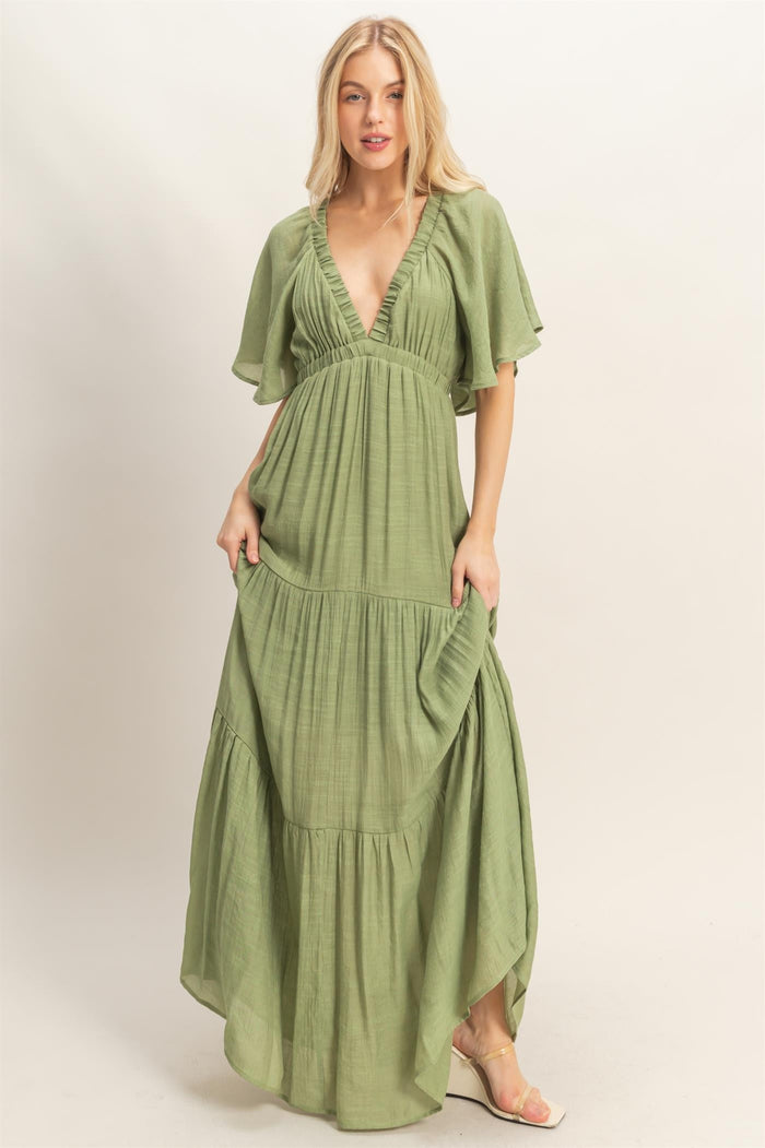 Light Olive Flutter Sleeve Maternity Maxi Dress