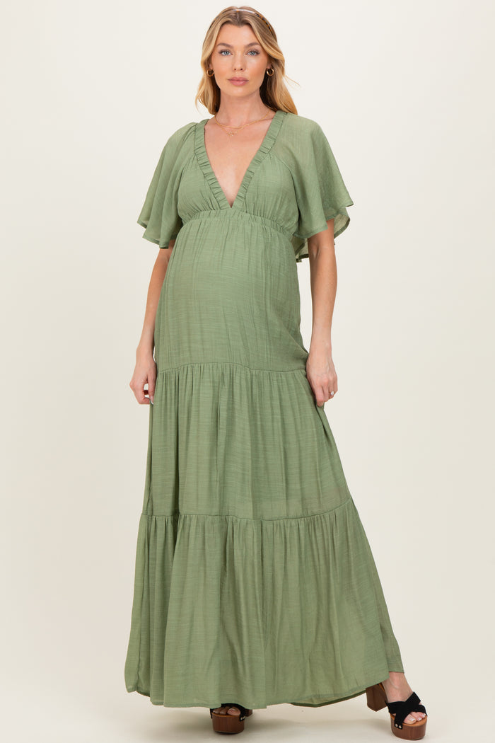 Light Olive Flutter Sleeve Maternity Maxi Dress