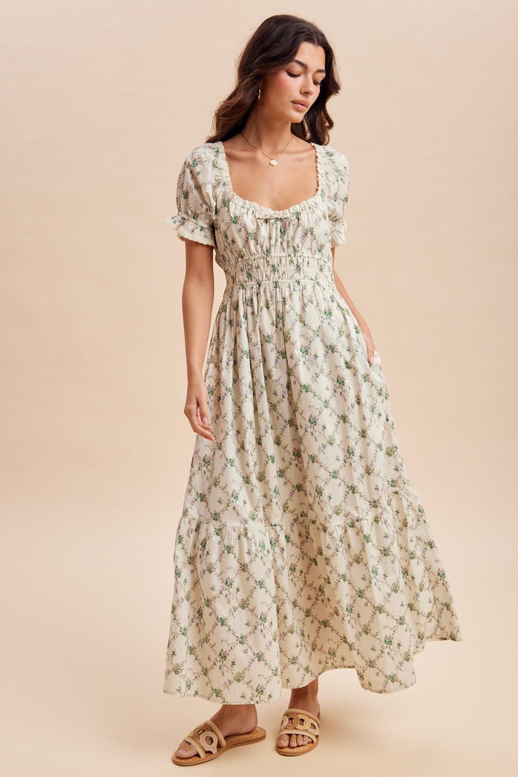 Green Floral Smocked Maxi Dress