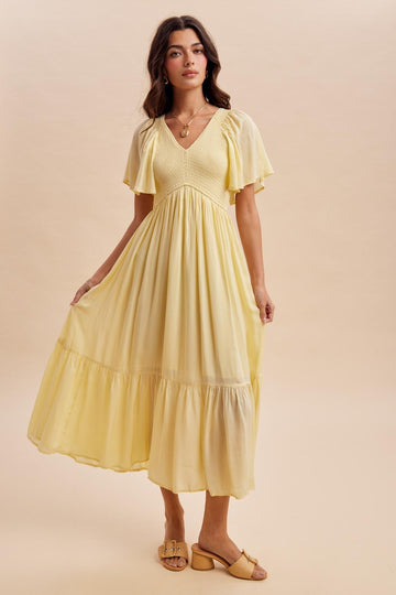 Yellow Smocked Midi Dress
