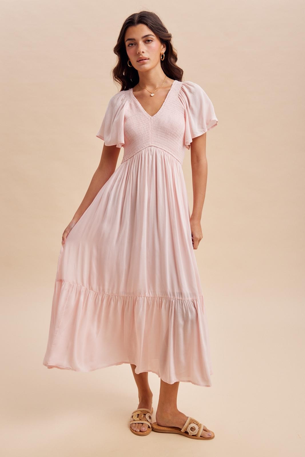 Light Pink Smocked Maternity Midi Dress