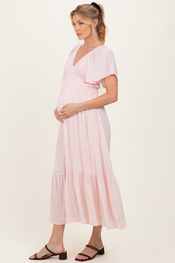Light Pink Smocked Maternity Midi Dress