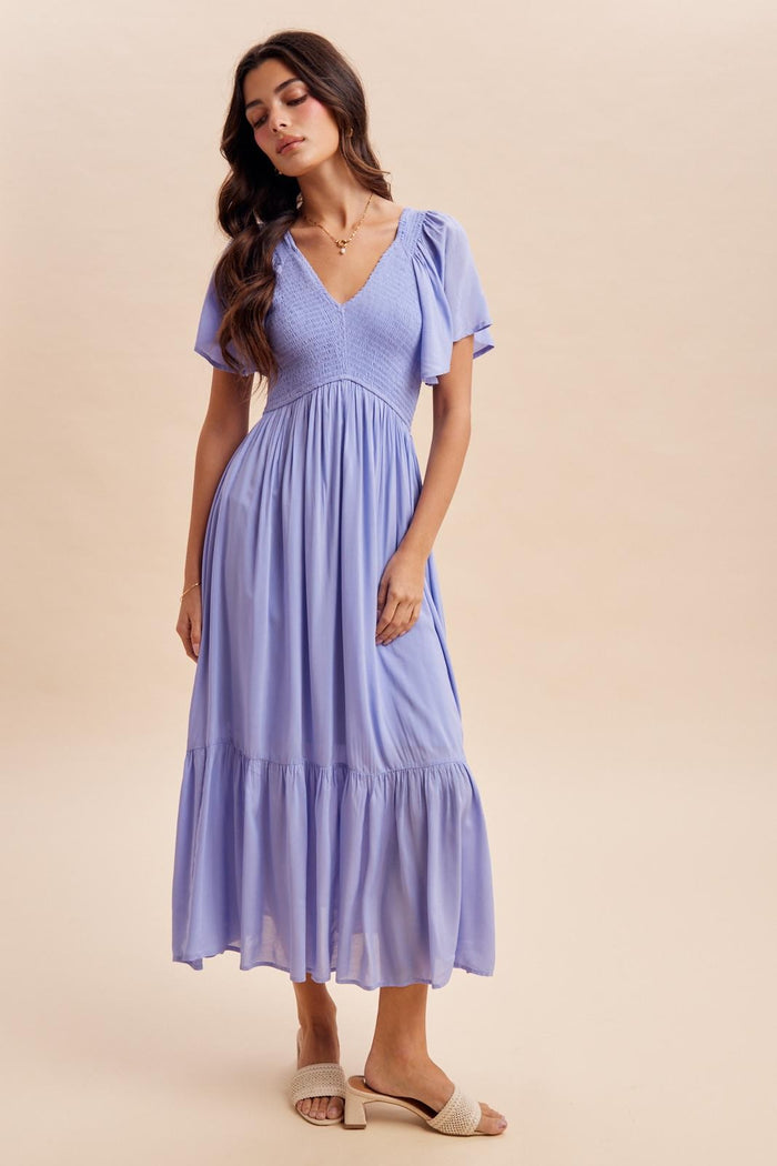 Blue Smocked Maternity Midi Dress