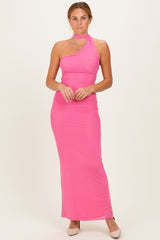 Pink Mesh Overlay Halter Maternity Maxi Dress