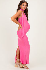 Pink Mesh Overlay Halter Maternity Maxi Dress