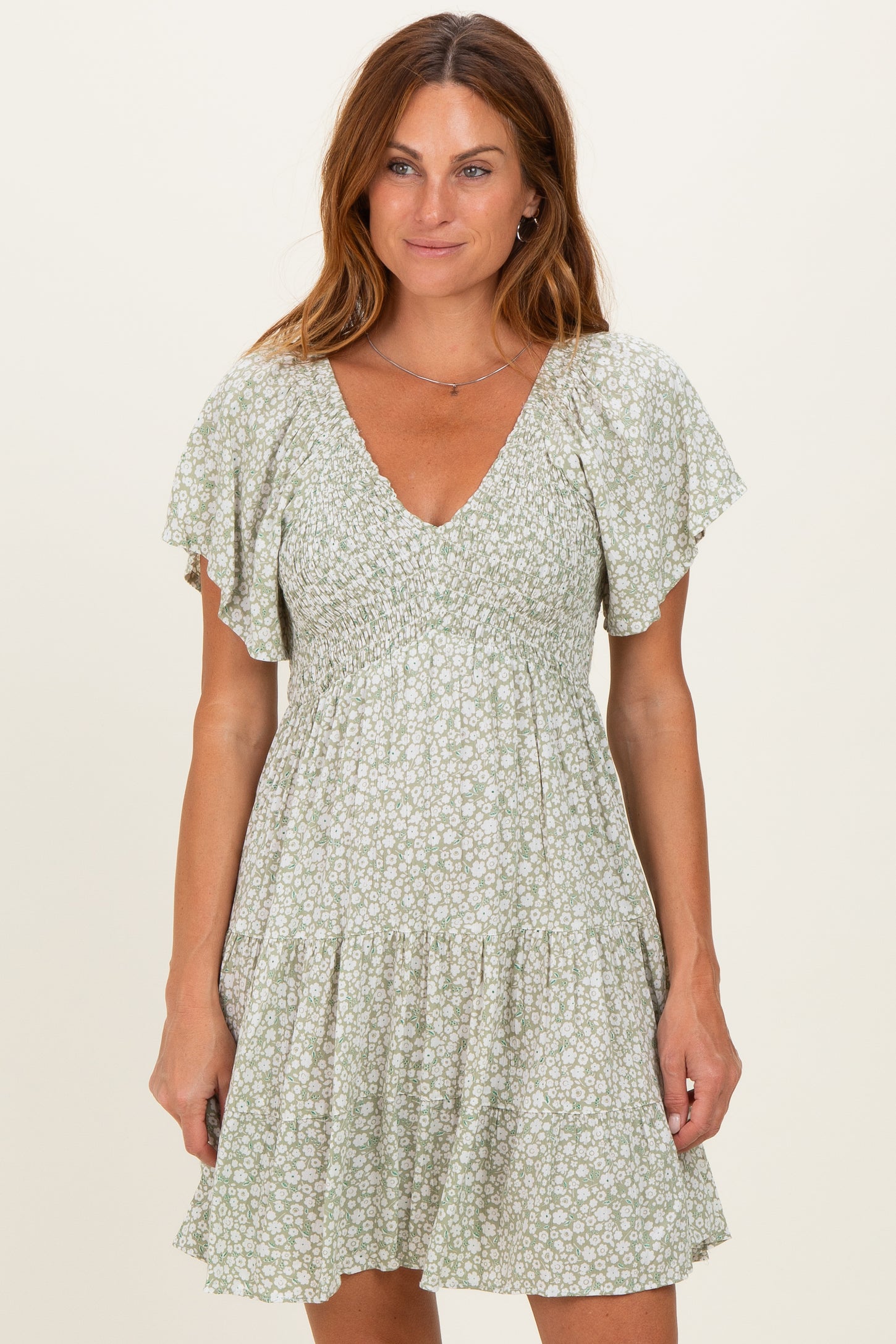 Sage V Neck Smocked Bodice Ditsy Print Dress