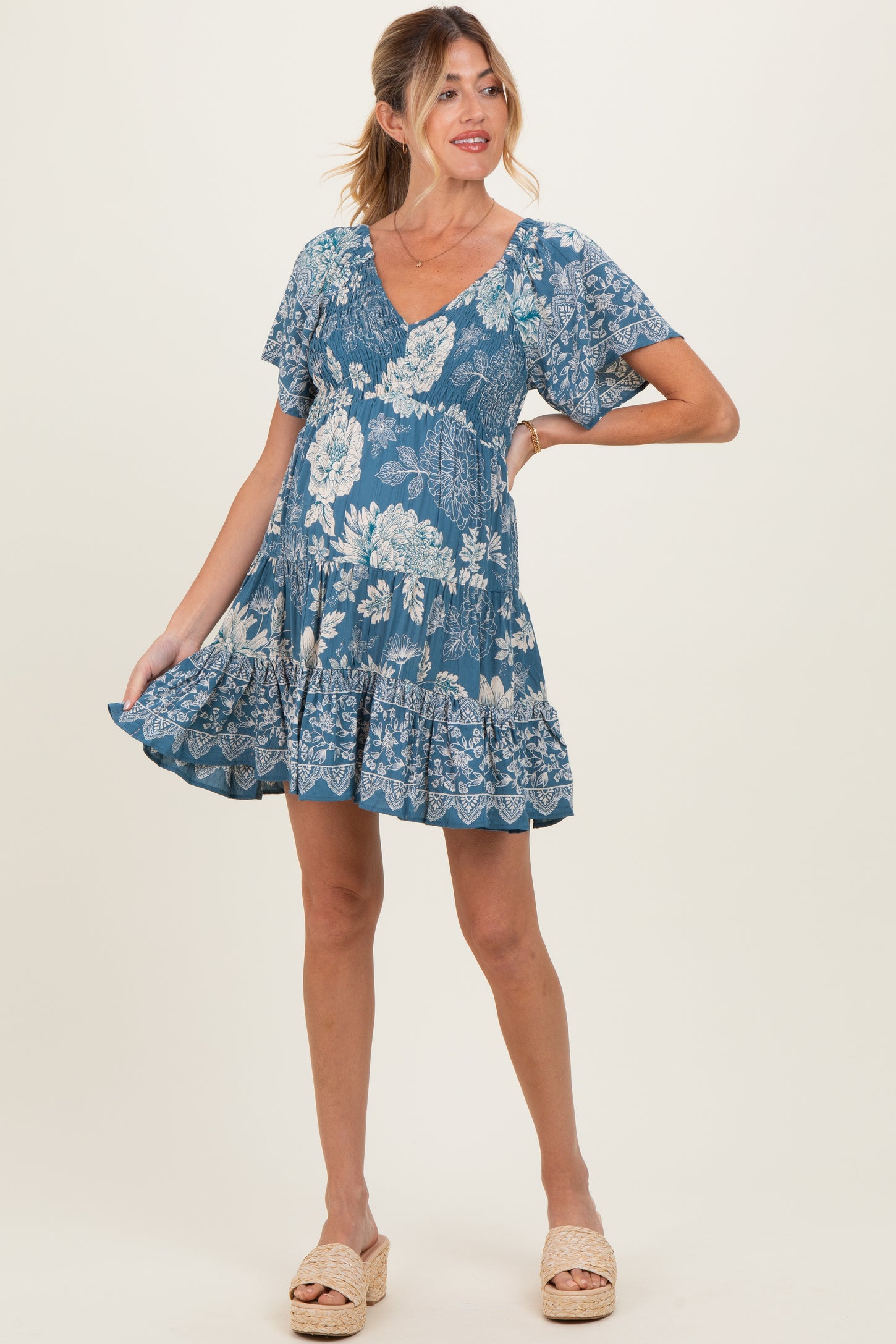 Green Short Sleeve Floral Smocked Bodice Maternity Dress
