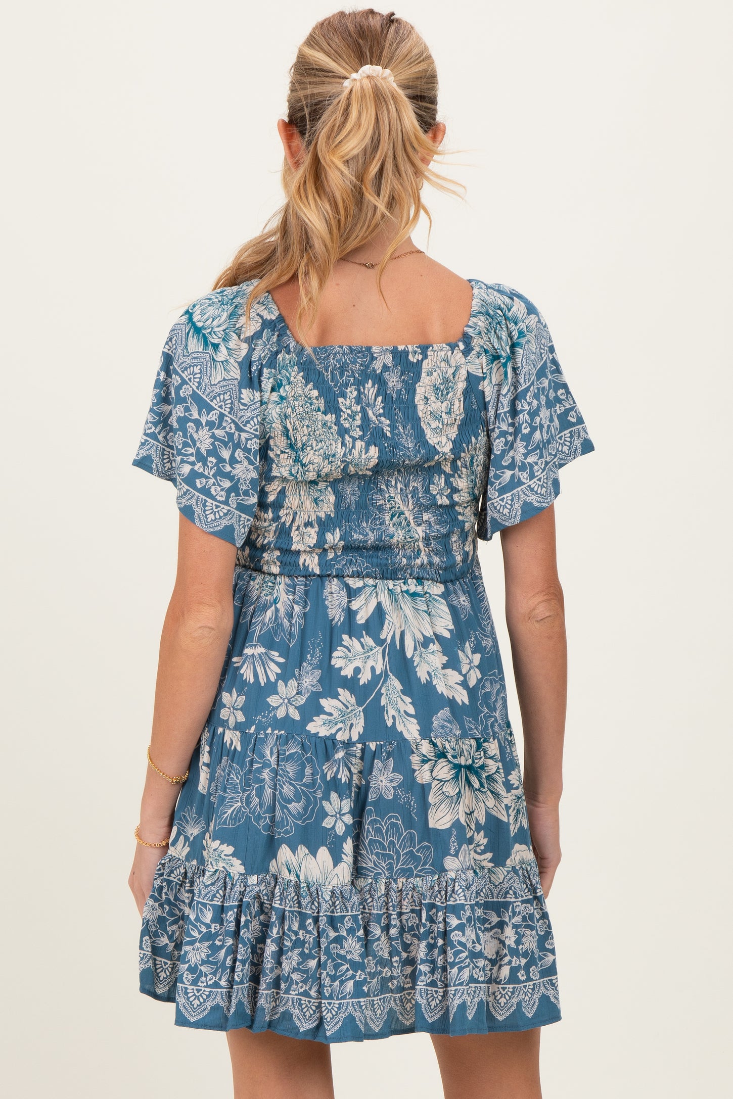 Green Short Sleeve Floral Smocked Bodice Maternity Dress