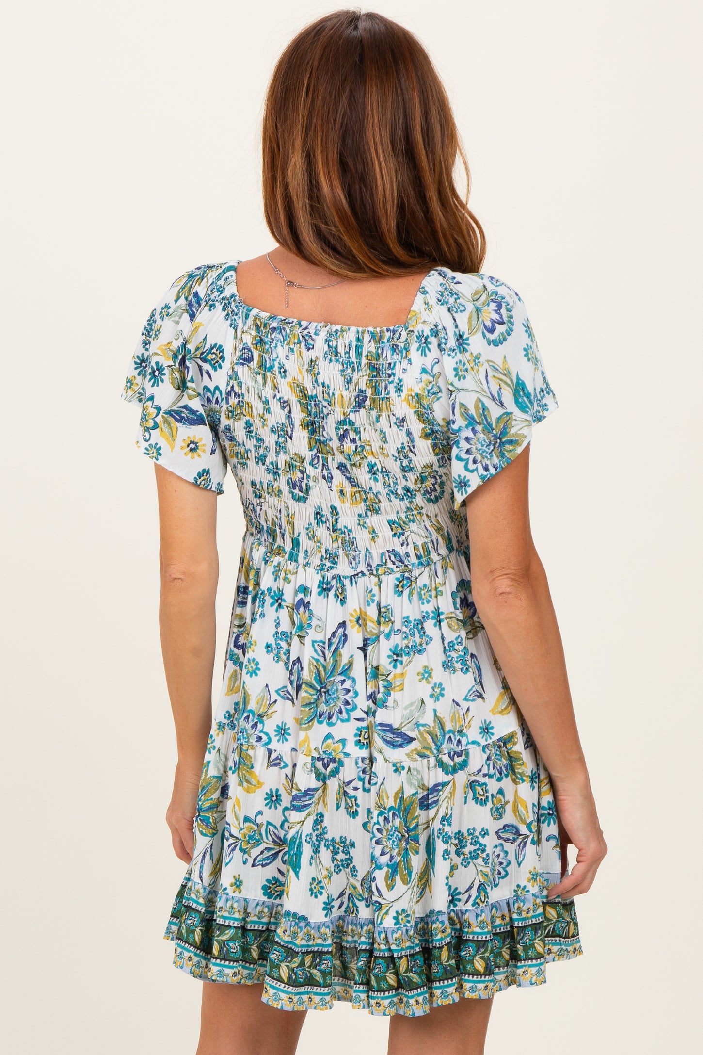 Ivory V Neck Smocked Bodice Short Sleeve Dress