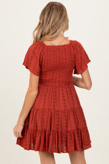 Rust Eyelet Embroidered V Neck Smocked Bodice Maternity Dress