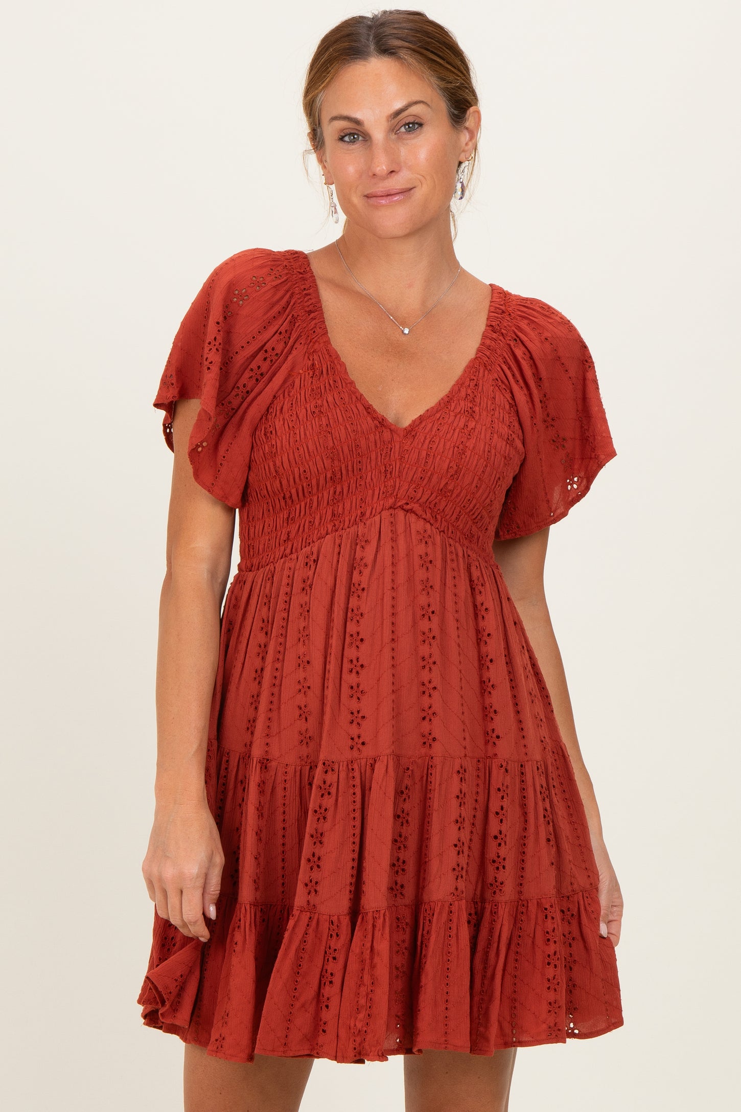 Rust Eyelet Embroidered V Neck Smocked Bodice Maternity Dress