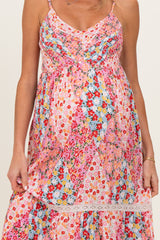 Pink Smocked Bust V Neck Lace Trim Maternity Maxi Dress