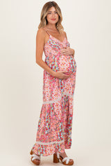 Pink Smocked Bust V Neck Lace Trim Maternity Maxi Dress