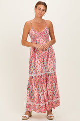 Pink Smocked Bust V Neck Lace Trim Maternity Maxi Dress