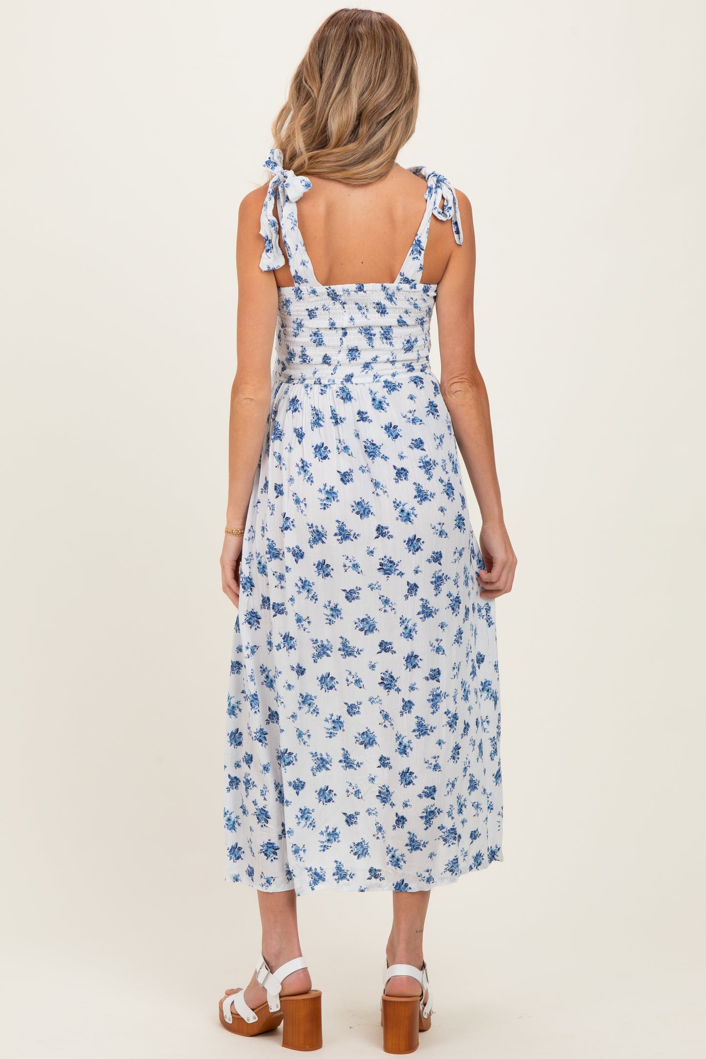 Ivory Smocked Bodice Tie Straps Floral Print Maternity Maxi Dress