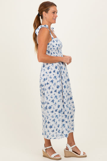 Ivory Smocked Bodice Tie Straps Floral Print Maxi Dress