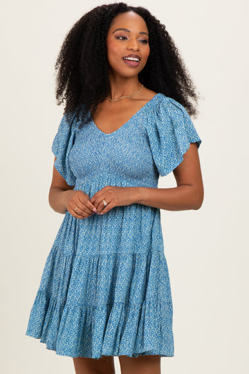 Blue V Neck Smocked Bust Short Sleeve Short Dress