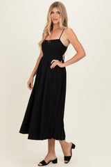Black Linen Sleeveless Tie Back Flared Midi Dress