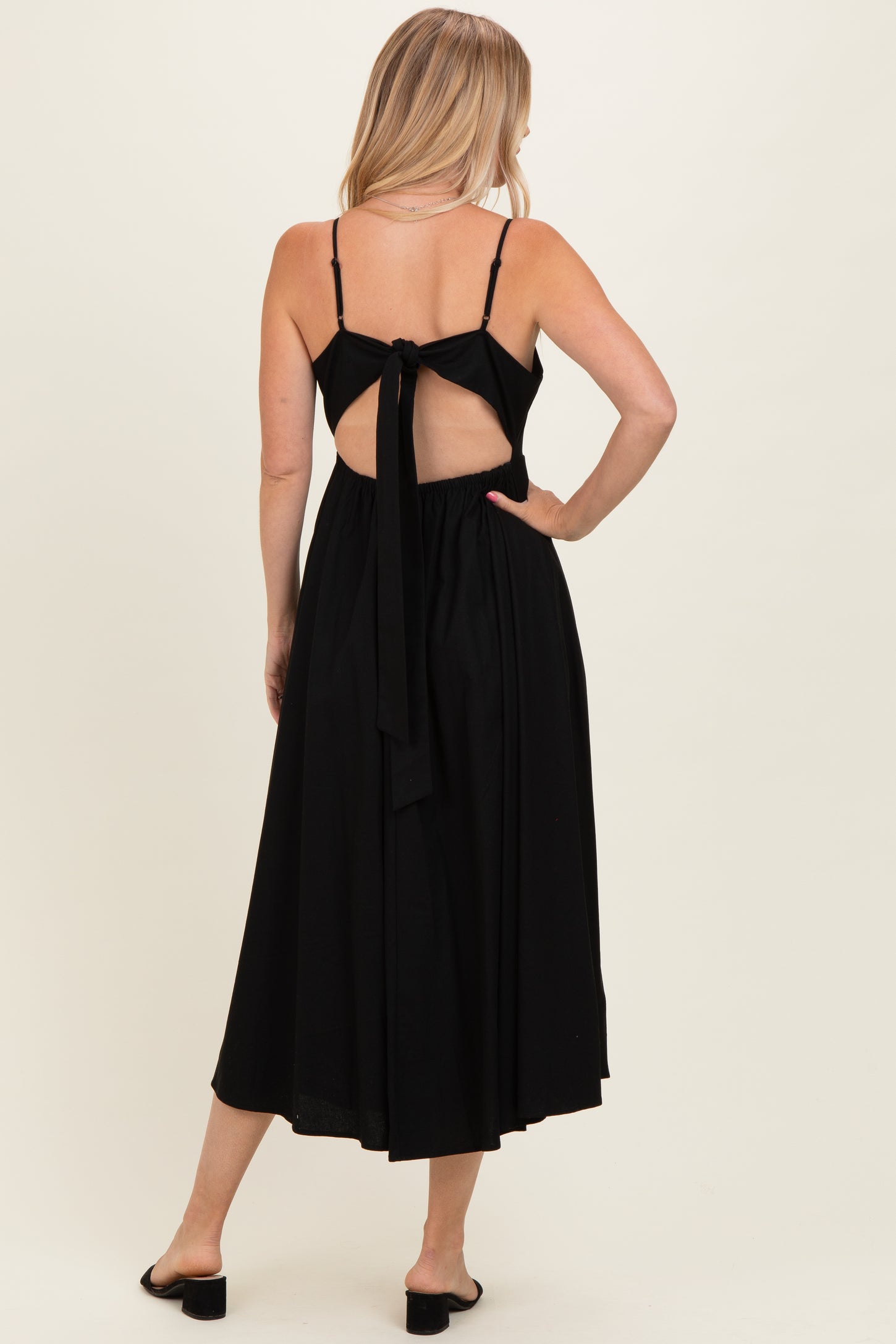 Black Linen Sleeveless Tie Back Flared Midi Dress