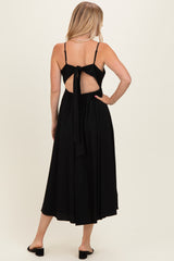 Black Linen Sleeveless Tie Back Flared Midi Dress