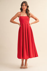 Red Linen Sleeveless Tie Back Flared Midi Dress
