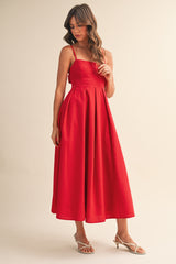 Red Linen Sleeveless Tie Back Flared Midi Dress