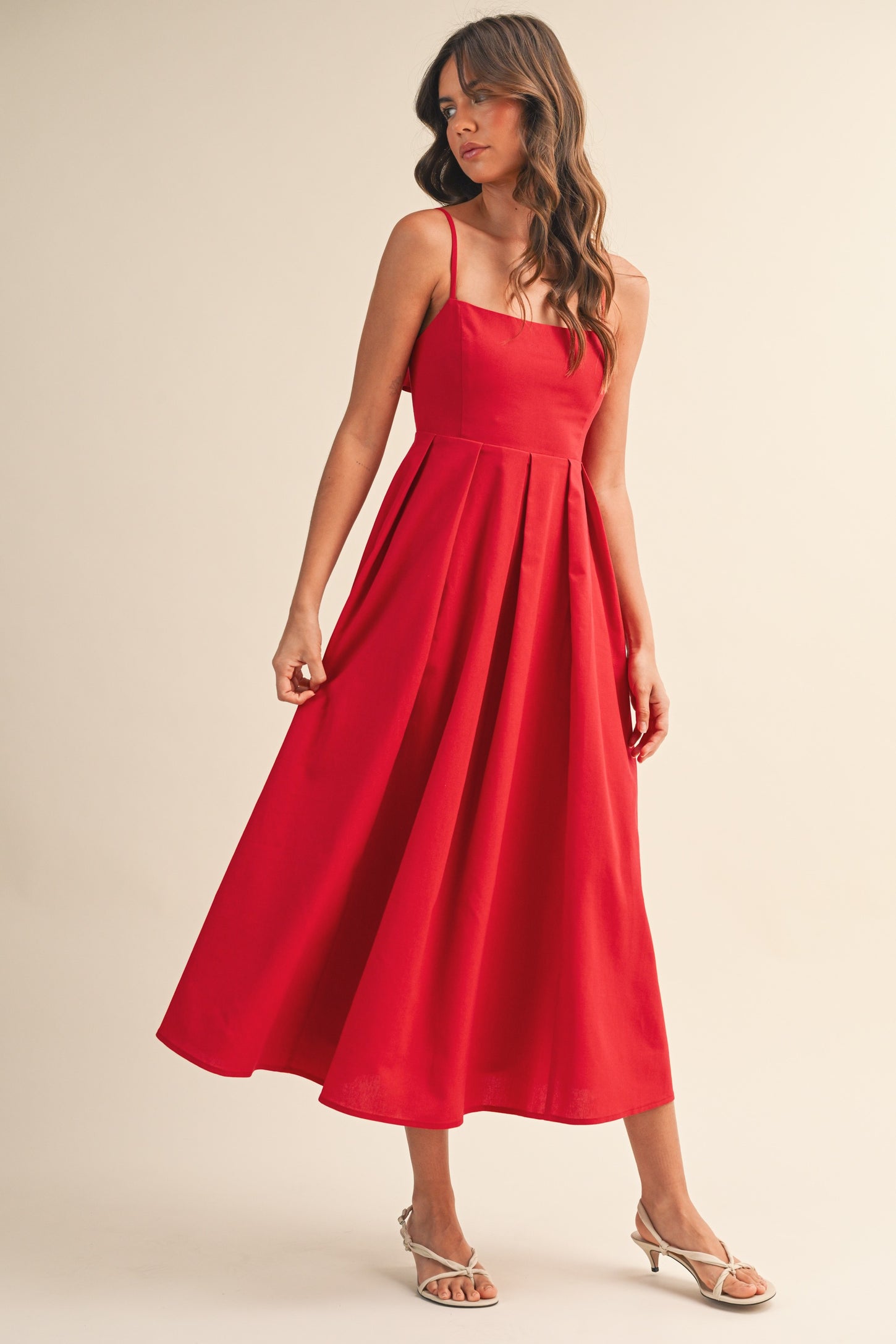 Red Linen Sleeveless Tie Back Flared Midi Dress