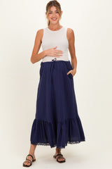 Navy Striped Lace Trim Maternity Midi Skirt