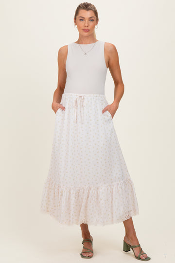 Ivory Print Lace Trim Maternity Midi Skirt